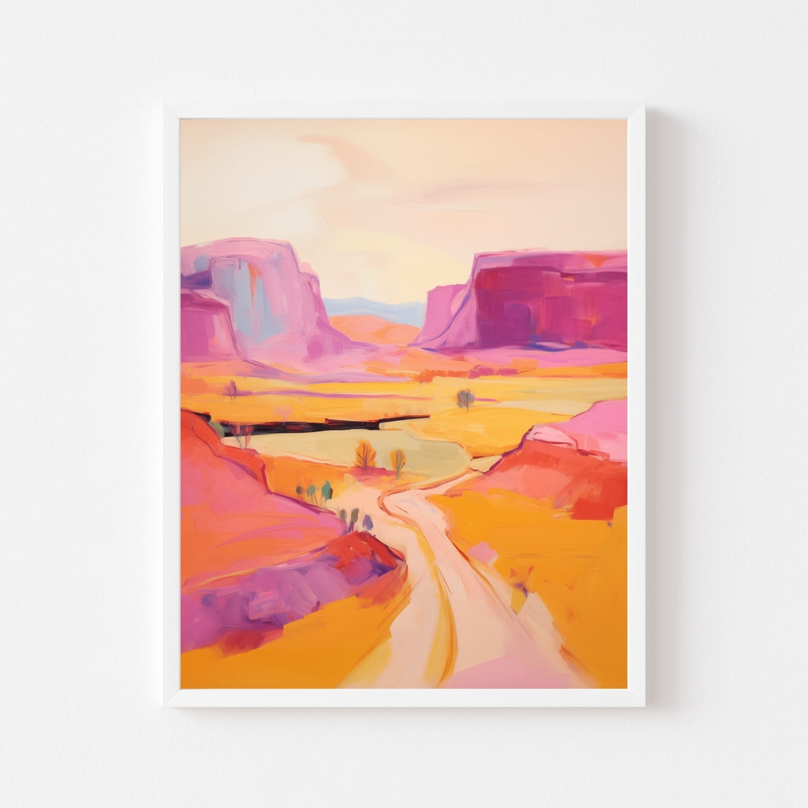Colorful Abstract Desert Painting Pink Mountain Watercolor Art Warm Landscape Impressionist Vibrant Western