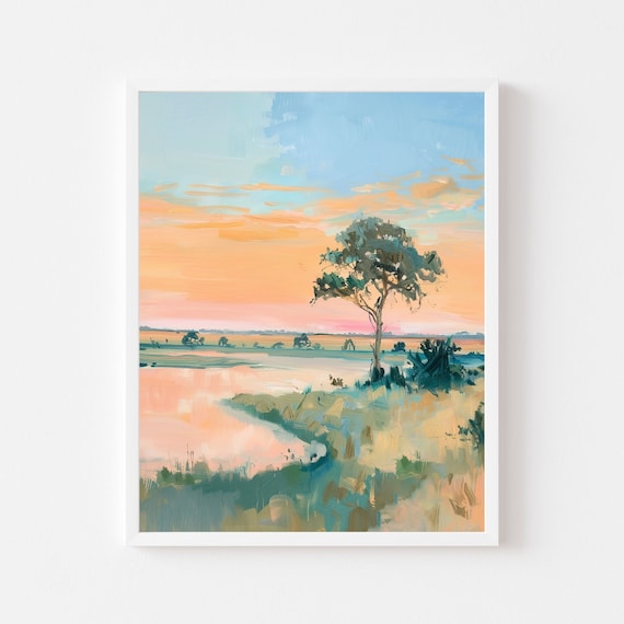 Colorful African Savanna Landscape Painting Pastel Grassland Wall Art Print Vibrant Field Country Scenery