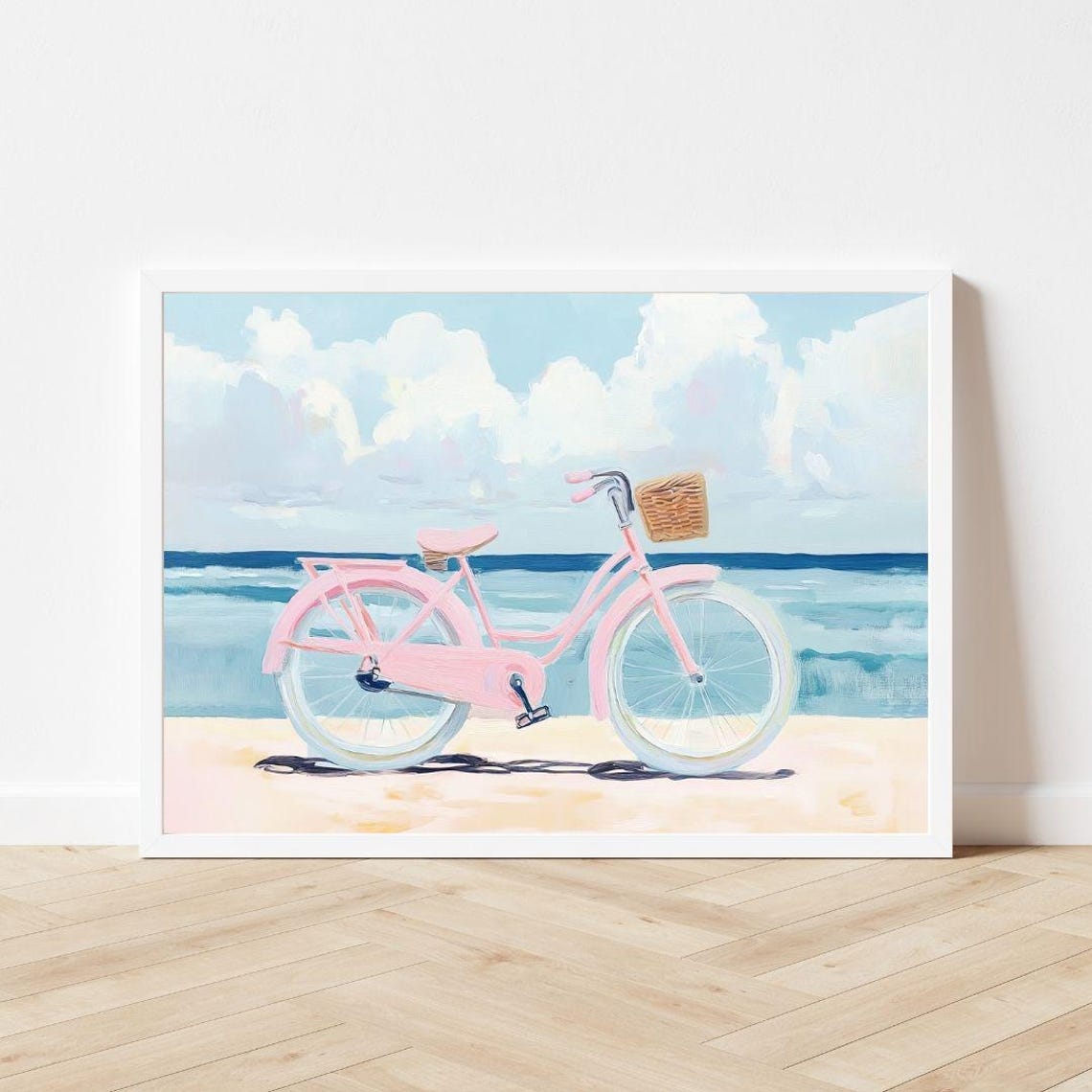 Pink Beach Cruiser Bike with Wicker Basket Ocean Summer Poster - Image 3