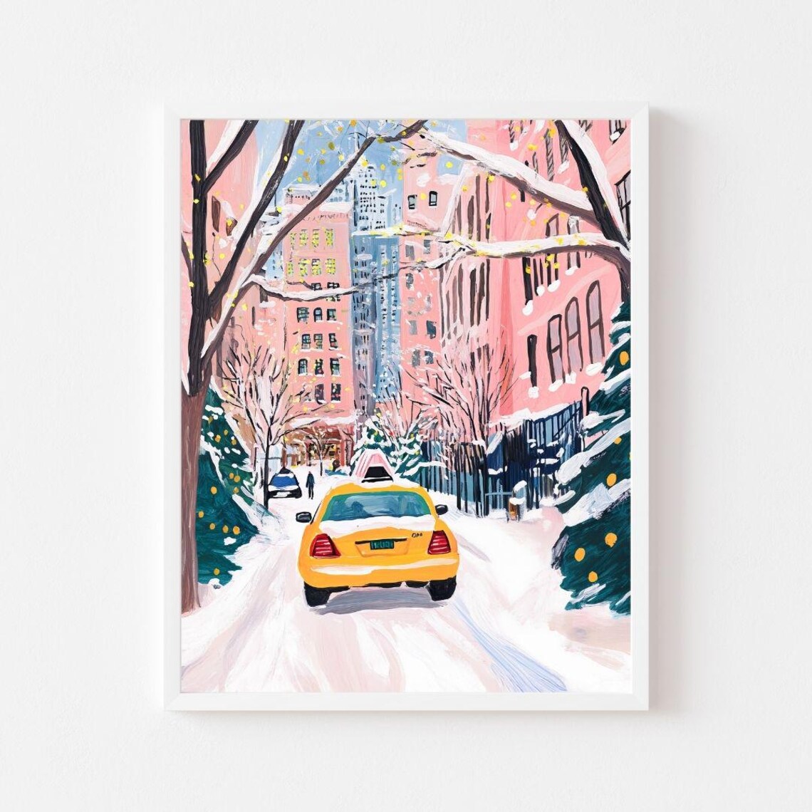 Bright Yellow NYC Taxi Cab On A Snowy Christmas Street Poster