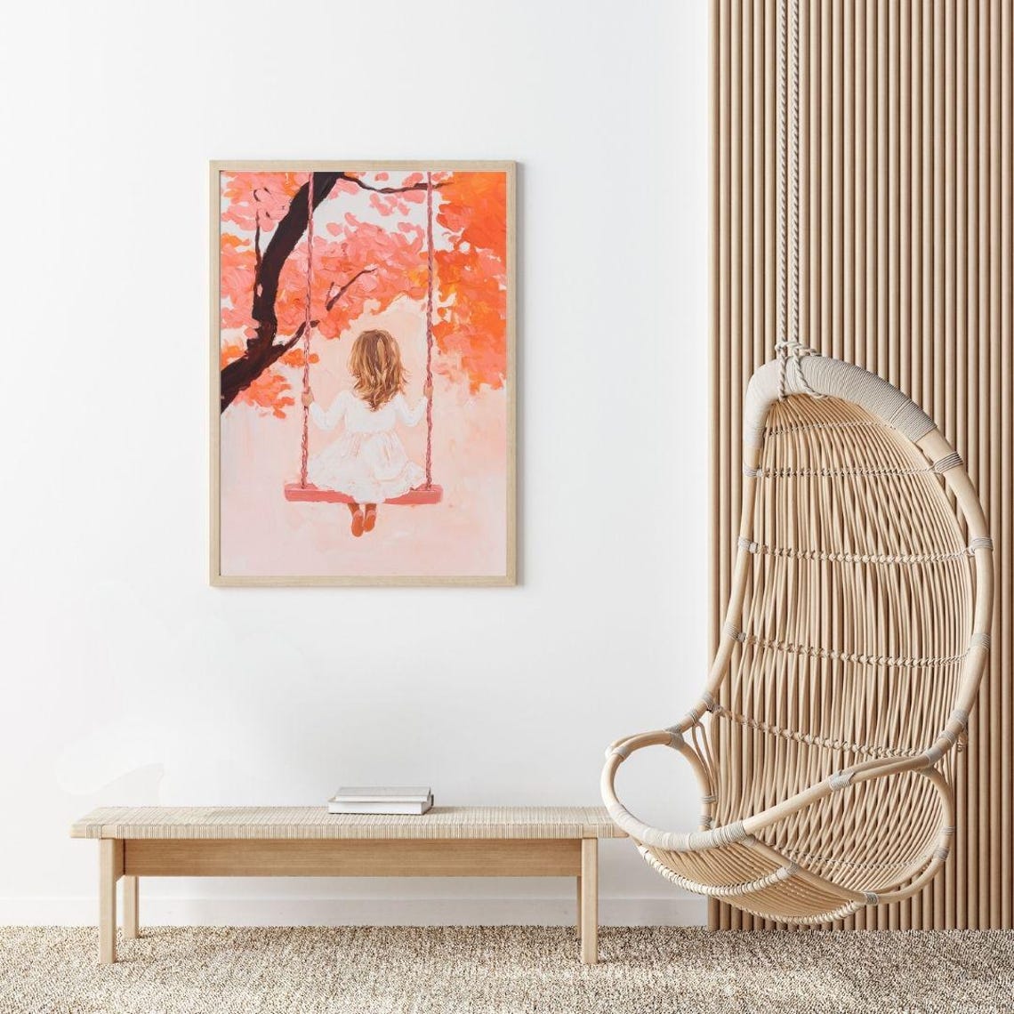 Little Girl On A Tree Swing Under Pink Blossom Canopy Art Poster - Image 2
