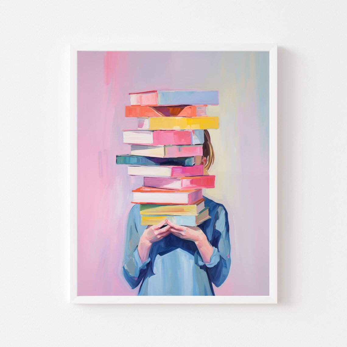 Girl Holding Books Watercolor Portrait, Kids Room Art Print