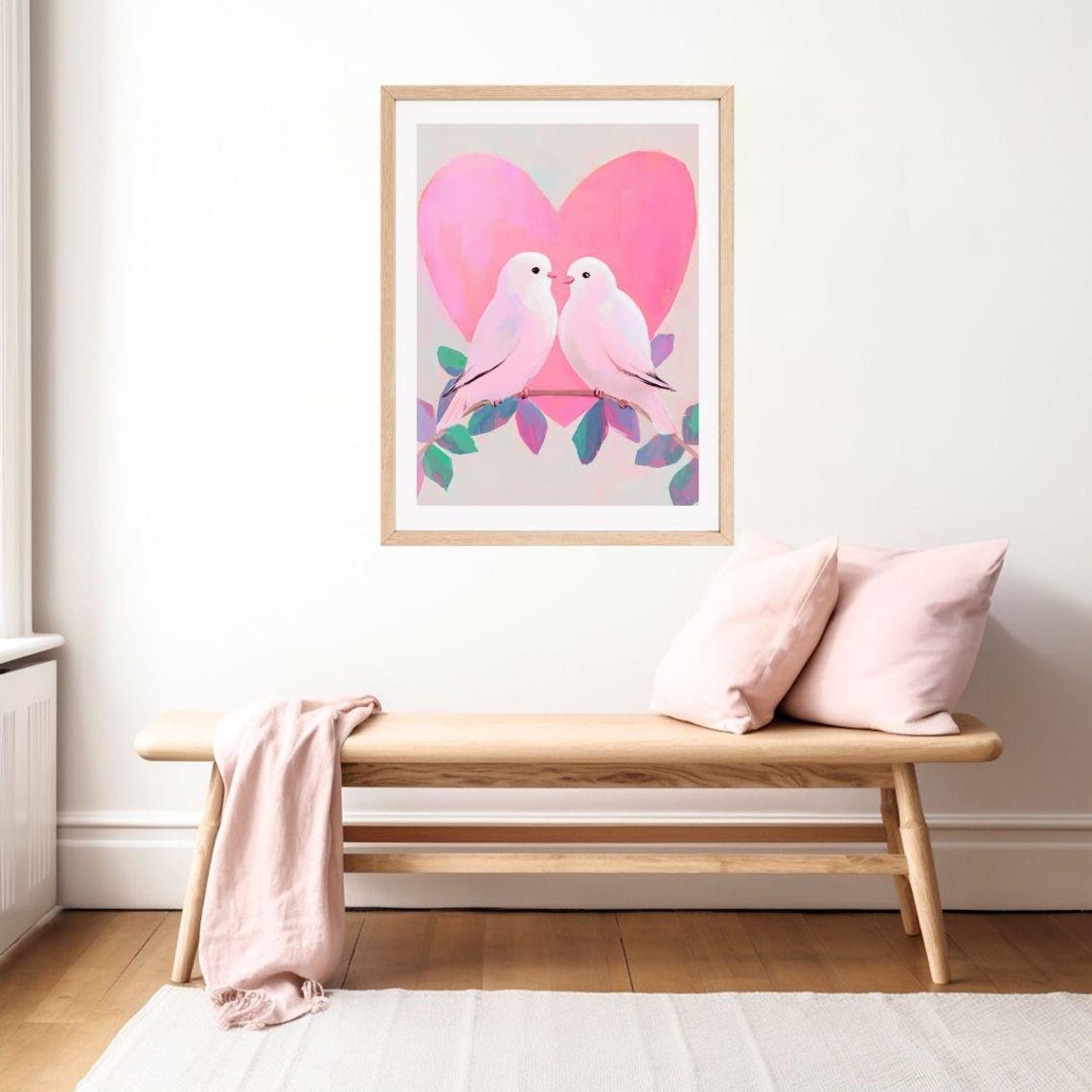 Two White Lovebirds Perched Before A Big Pink Heart Painting Poster - Image 2