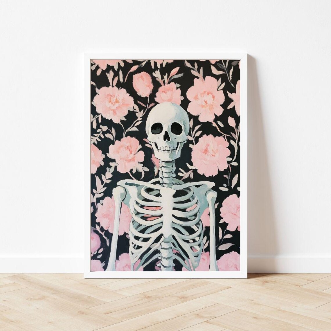 Floral Skeleton Pink Halloween Spooky Cute Skull Flower Art Poster - Image 3
