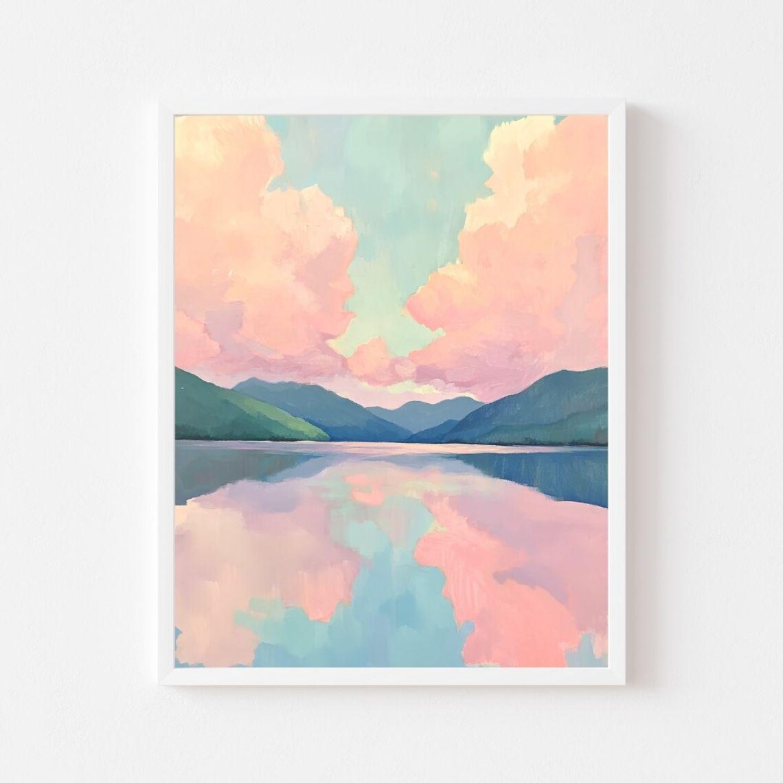 Mountain And Lake Sunset, Pastel Landscape Art Print