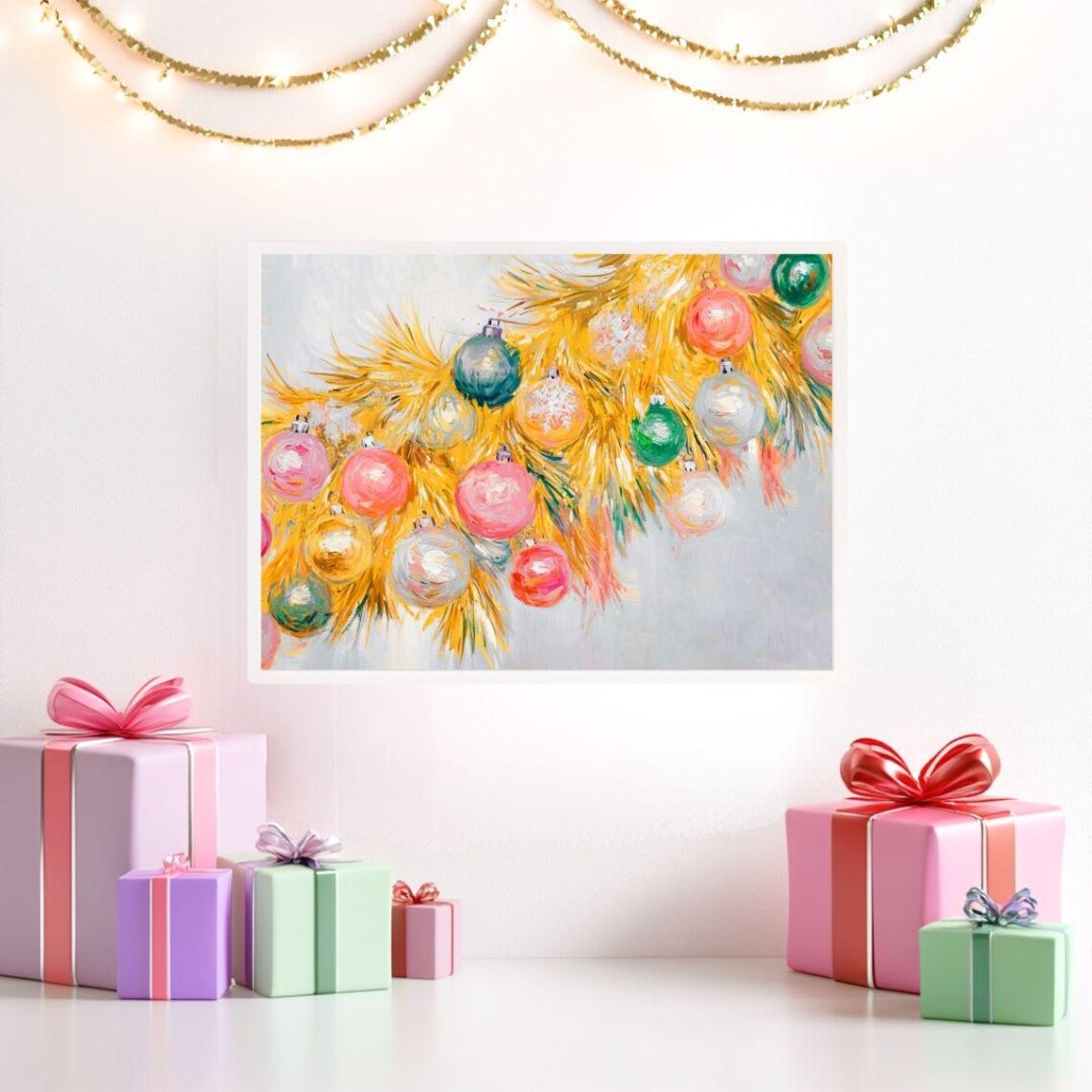 Gold Tinsel Christmas Garland With Retro Colorful Ornaments Poster - Image 2