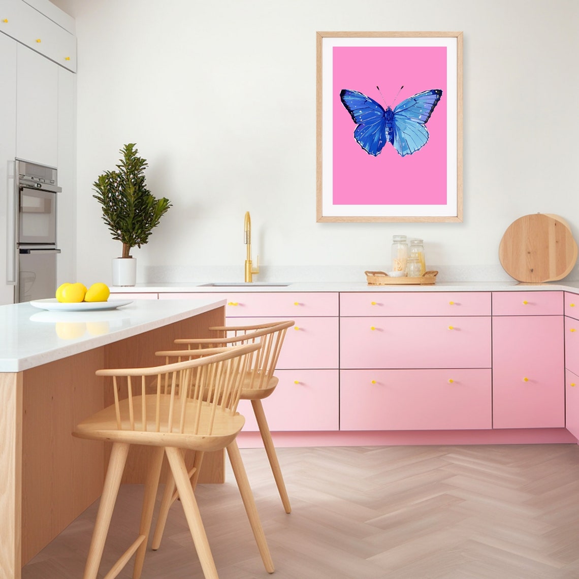 Vivid Blue Butterfly on Hot Pink Background Pop Art Style Poster - Image 2