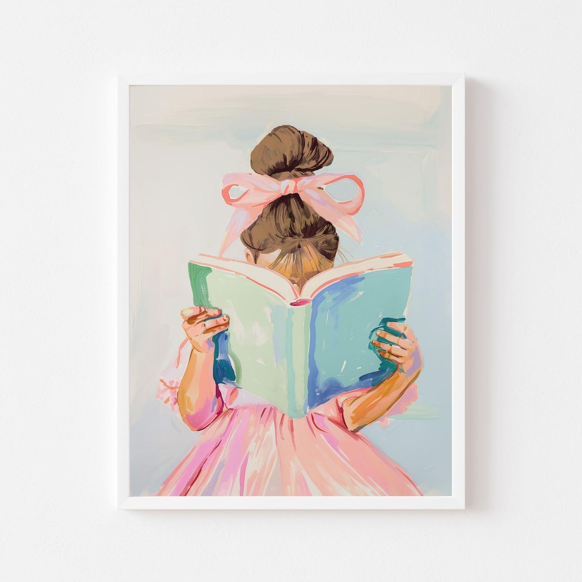 Little Brunette Girl Reading, Pastel Book Nook Print