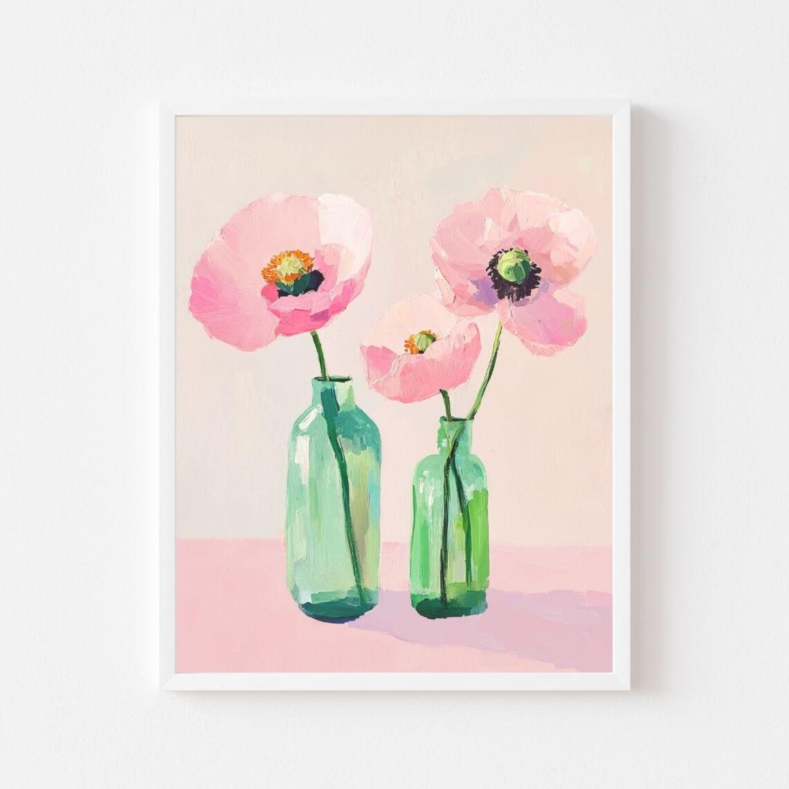 Pink Poppies In Green Glass Jars Minimalist Floral Art Poster
