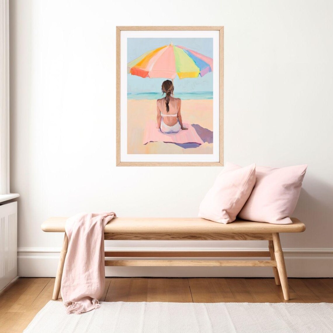 Woman Relaxing Under a Rainbow Beach Umbrella in Summer Poster - Image 2