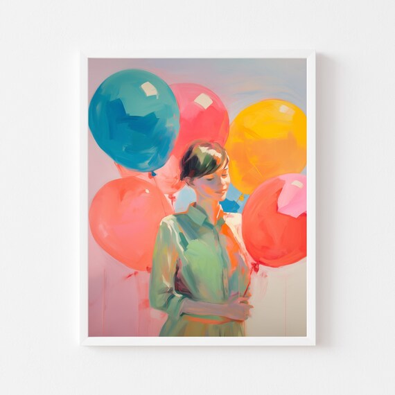 Woman Holding Colorful Balloons Whimsical Celebration Painting Poster