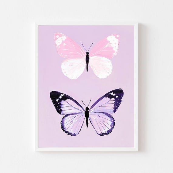Purple And Pink Butterfly Wall Art Print Two Pastel Butterflies Painting Animal Watercolor Vintage Insect