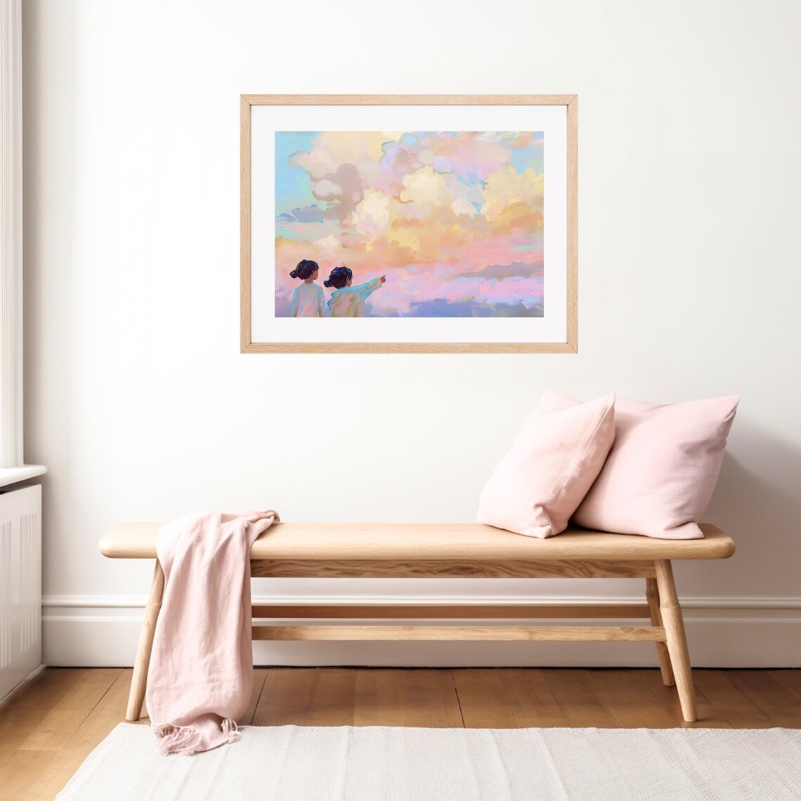 Two Little Girls Watching Pastel Sunset Clouds Dreamy Poster - Image 2