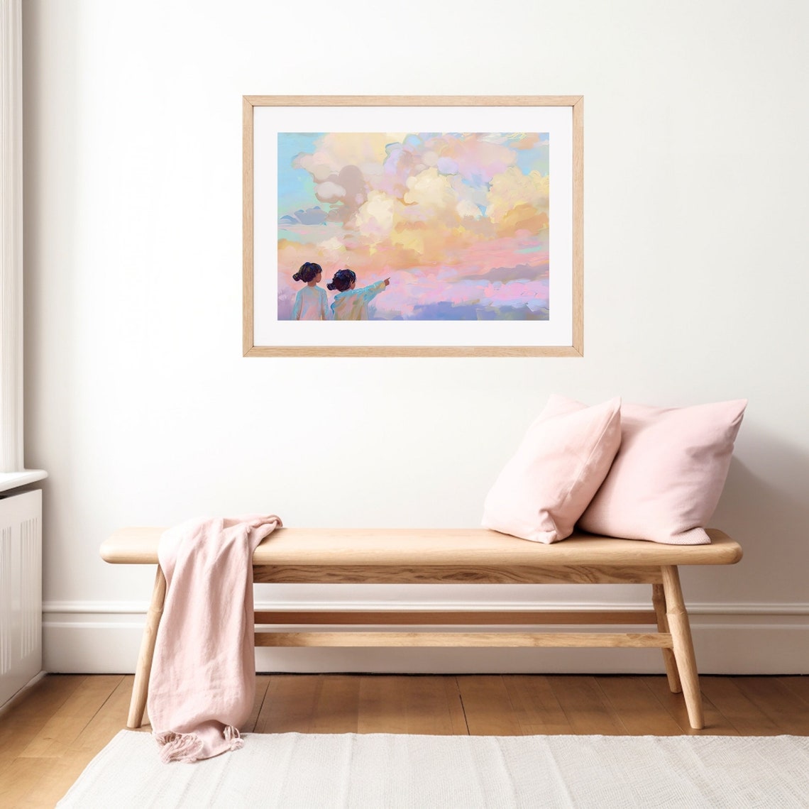 Two Sisters Pointing At Cloud Shapes Painting Girly Colorful Sunset Wall Art Print Pastel Sky Girls Room - Image 2