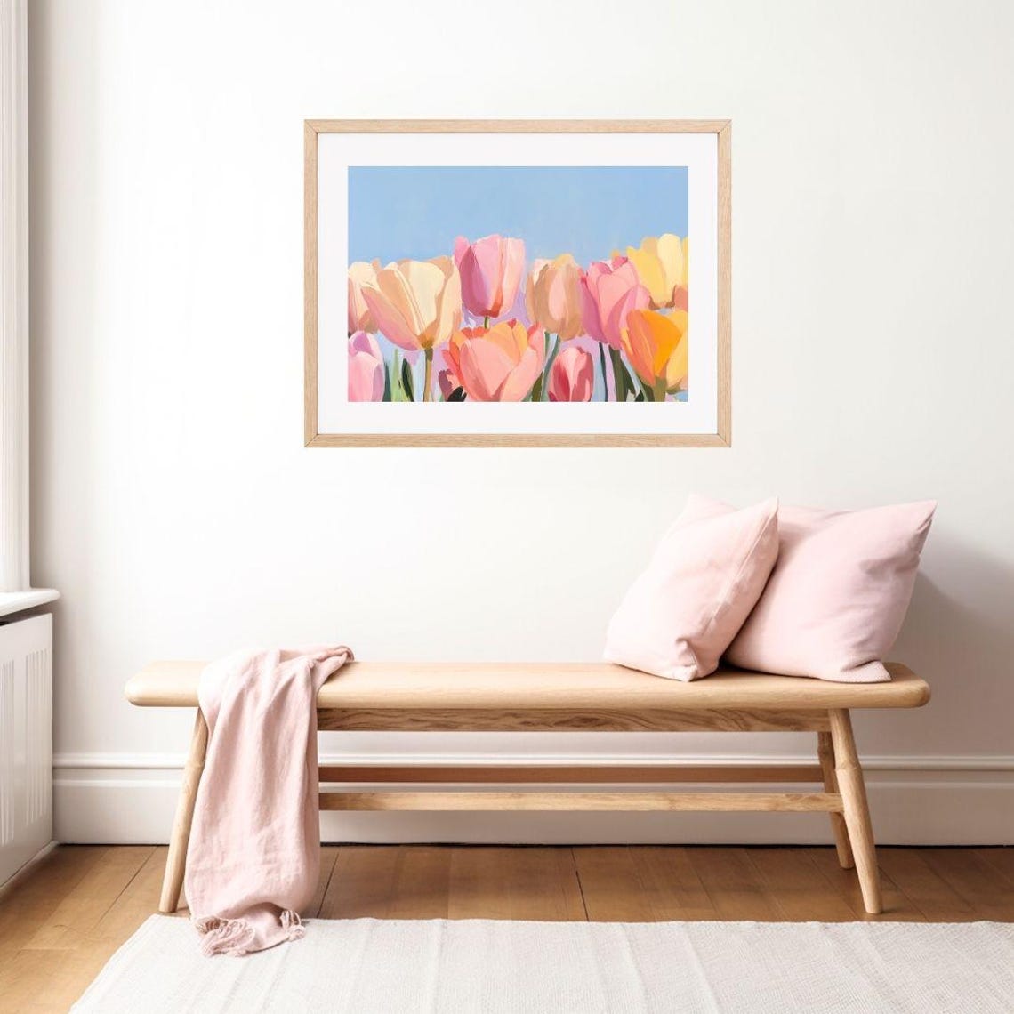 Pastel Tulip Field Under Bright Blue Sky Spring Garden Poster - Image 2