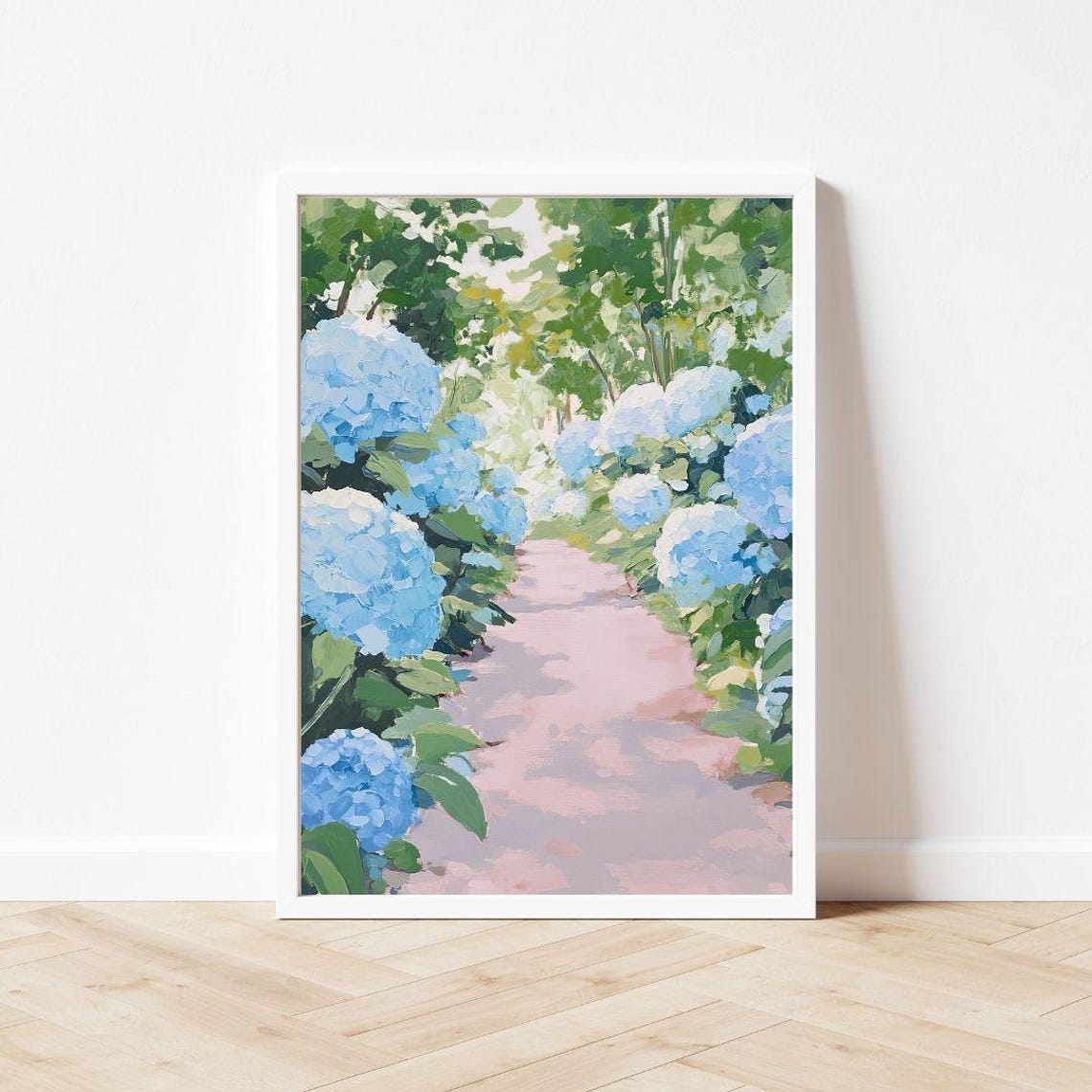 Blue Hydrangea Lined Garden Path Painting in Soft Colors Poster - Image 3
