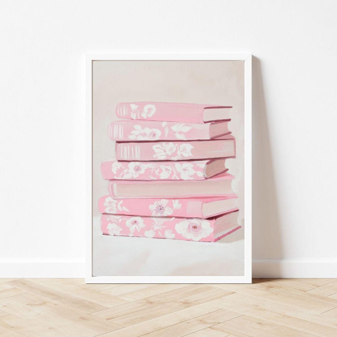 Stack Of Pink Floral Books Pastel Painting Reading Nook Wall Poster - Image 3