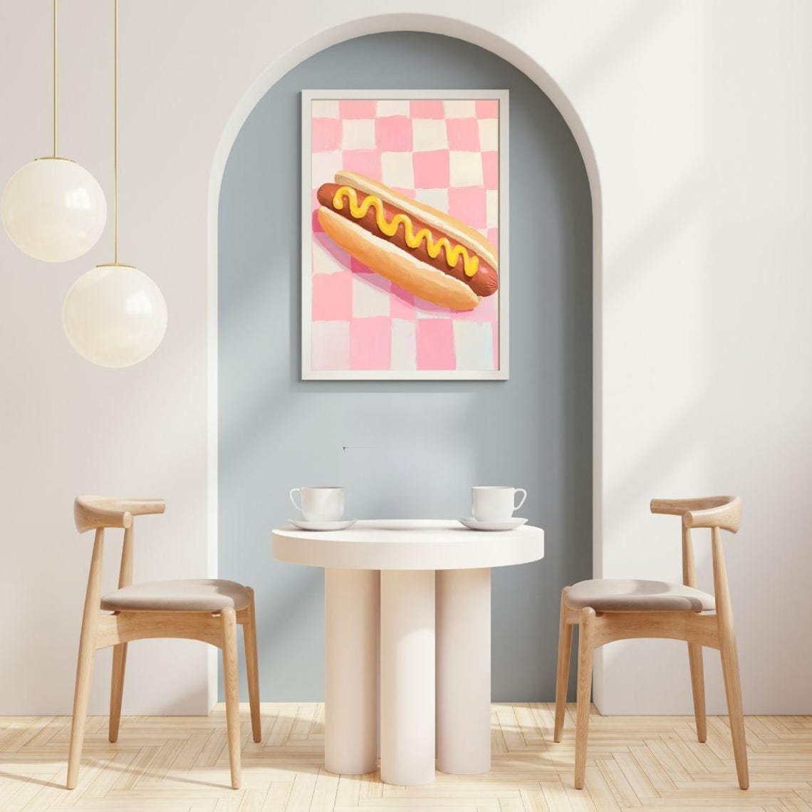 Hot Dog with Mustard Swirl Pink Gingham Retro Kitchen Poster - Image 2