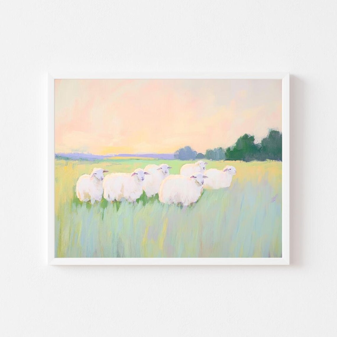 White Sheep Standing in a Green Meadow at Sunset Painting Poster