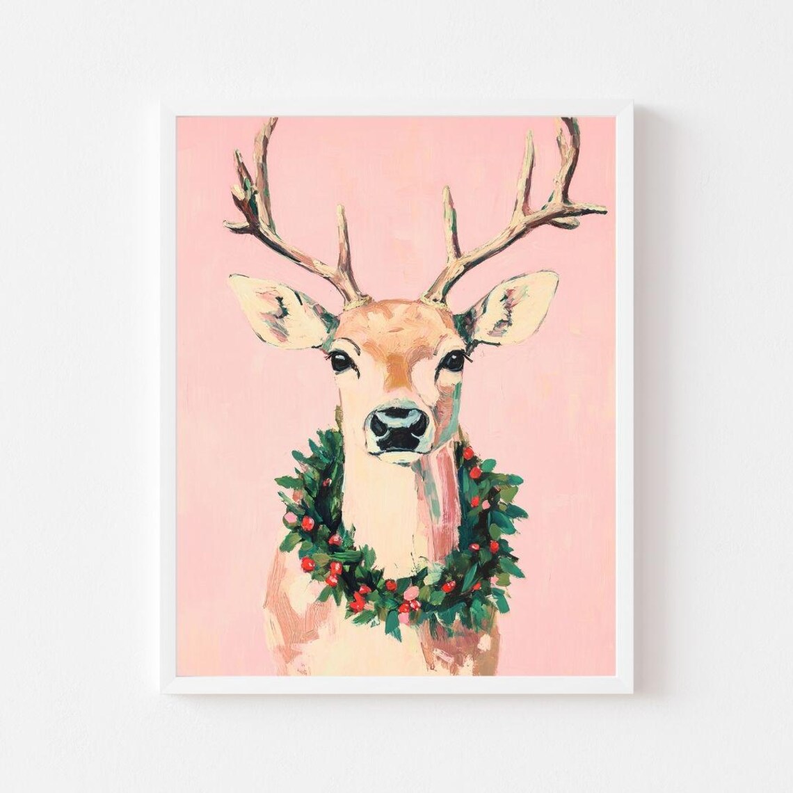 Christmas Wreath Reindeer Art Print, Pink Holiday