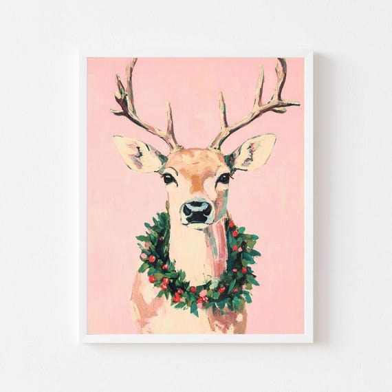 Christmas Wreath Reindeer Art Print, Pink Holiday
