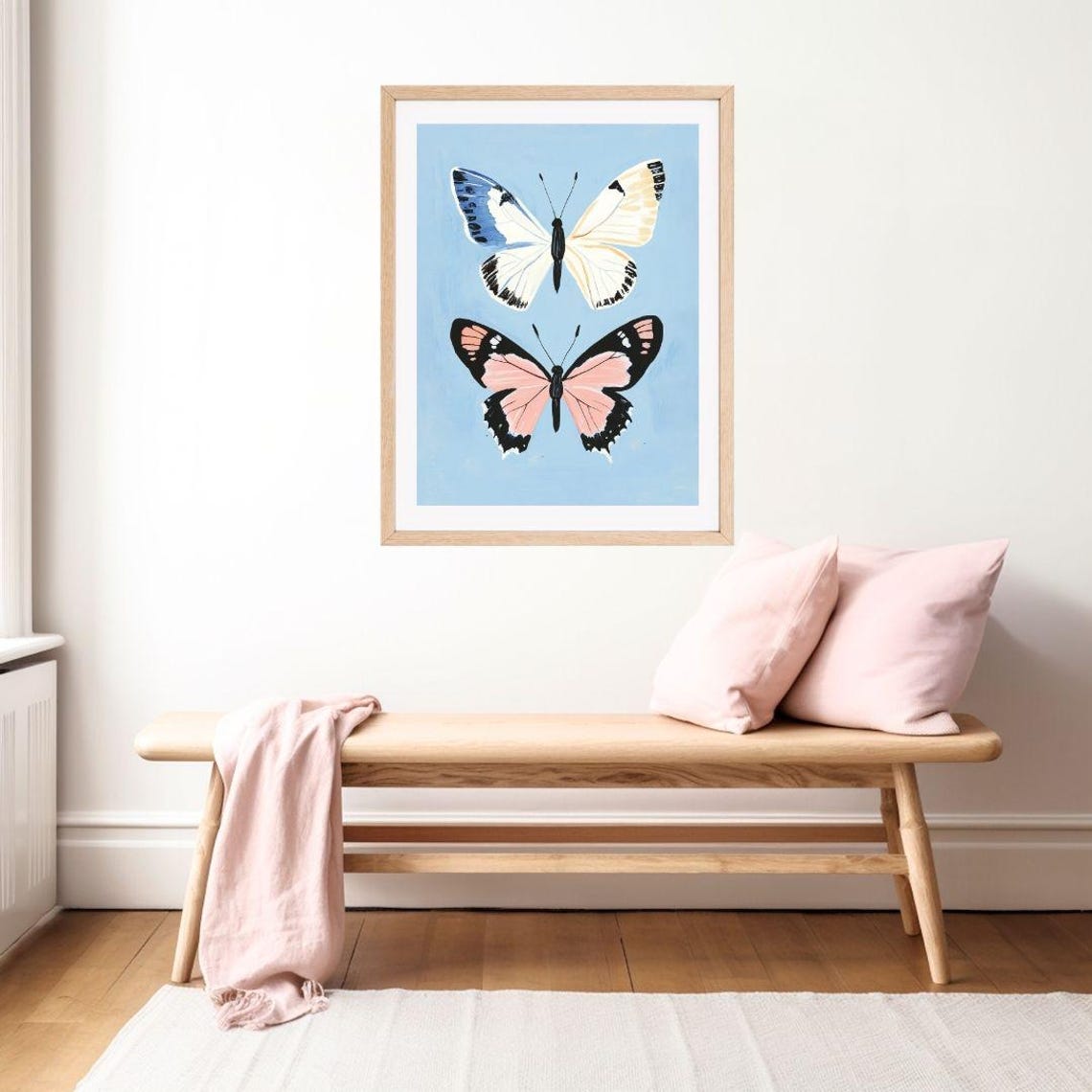 White And Pink Butterfly Pair On Blue Entomology Wall Poster - Image 2