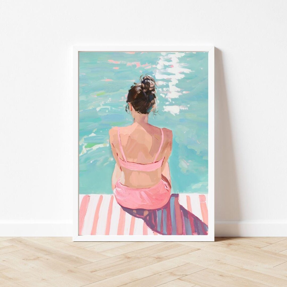 Woman In Pink Bikini At Pool Edge Pastel Painting Summer Poster - Image 3