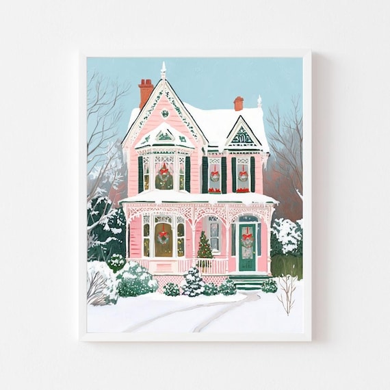 Victorian House Christmas Art Print, Vintage Winter