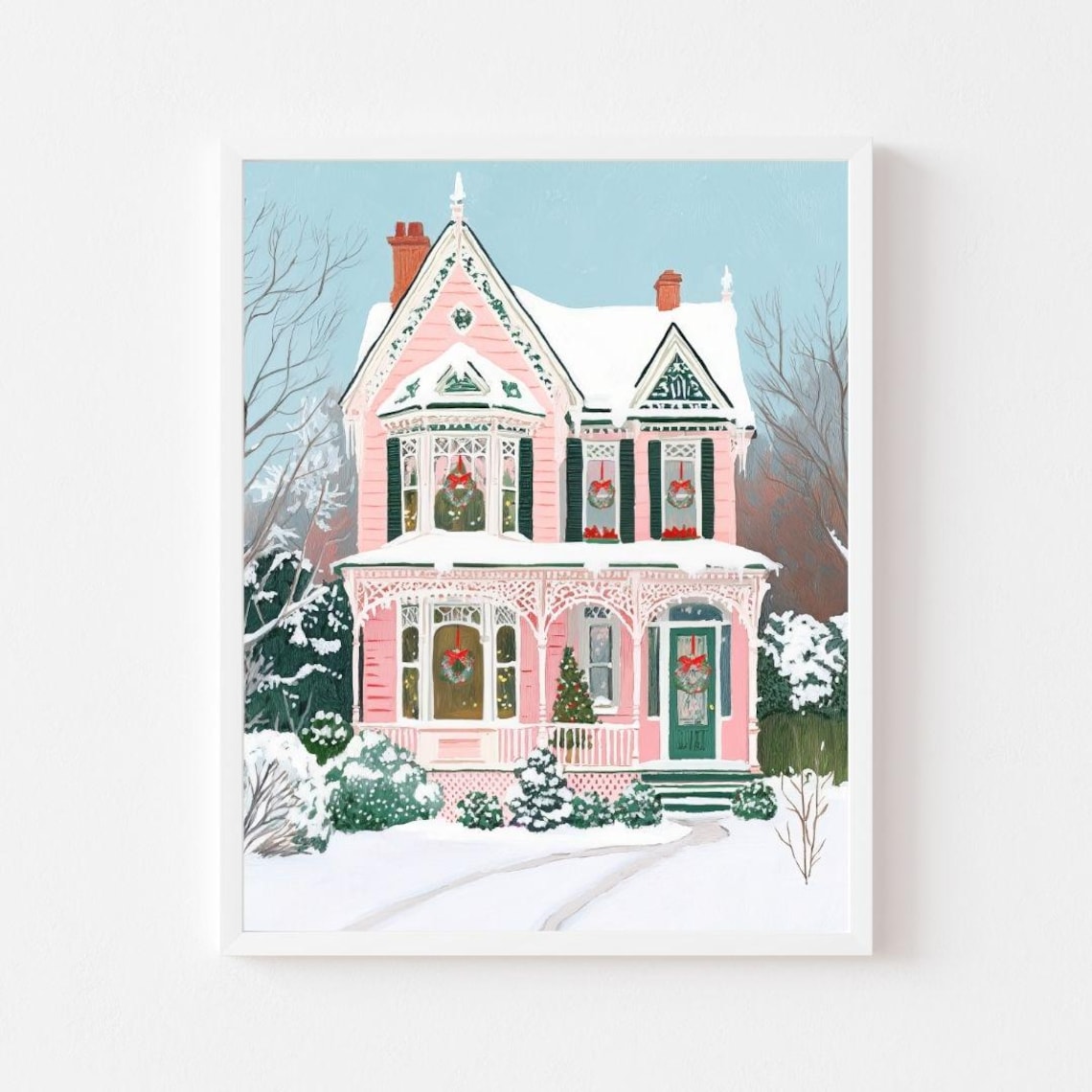 Victorian House Christmas Art Print, Vintage Winter