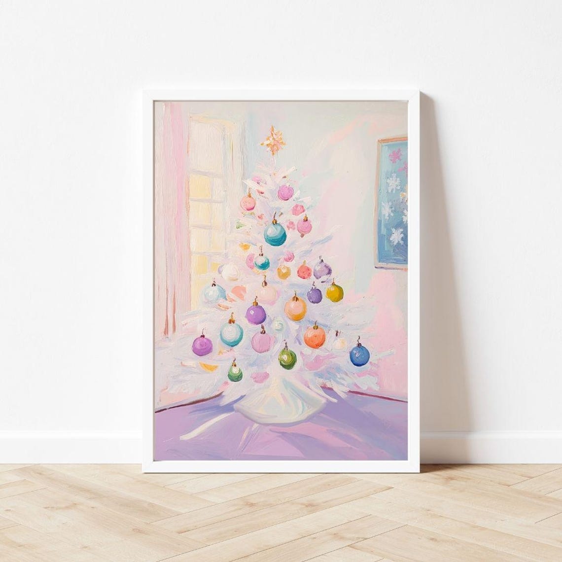 White Christmas Tree by Window Pastel Ornaments Holiday Poster - Image 3