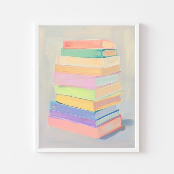 Rainbow Book Stack Painting, Reading Nook Art Print