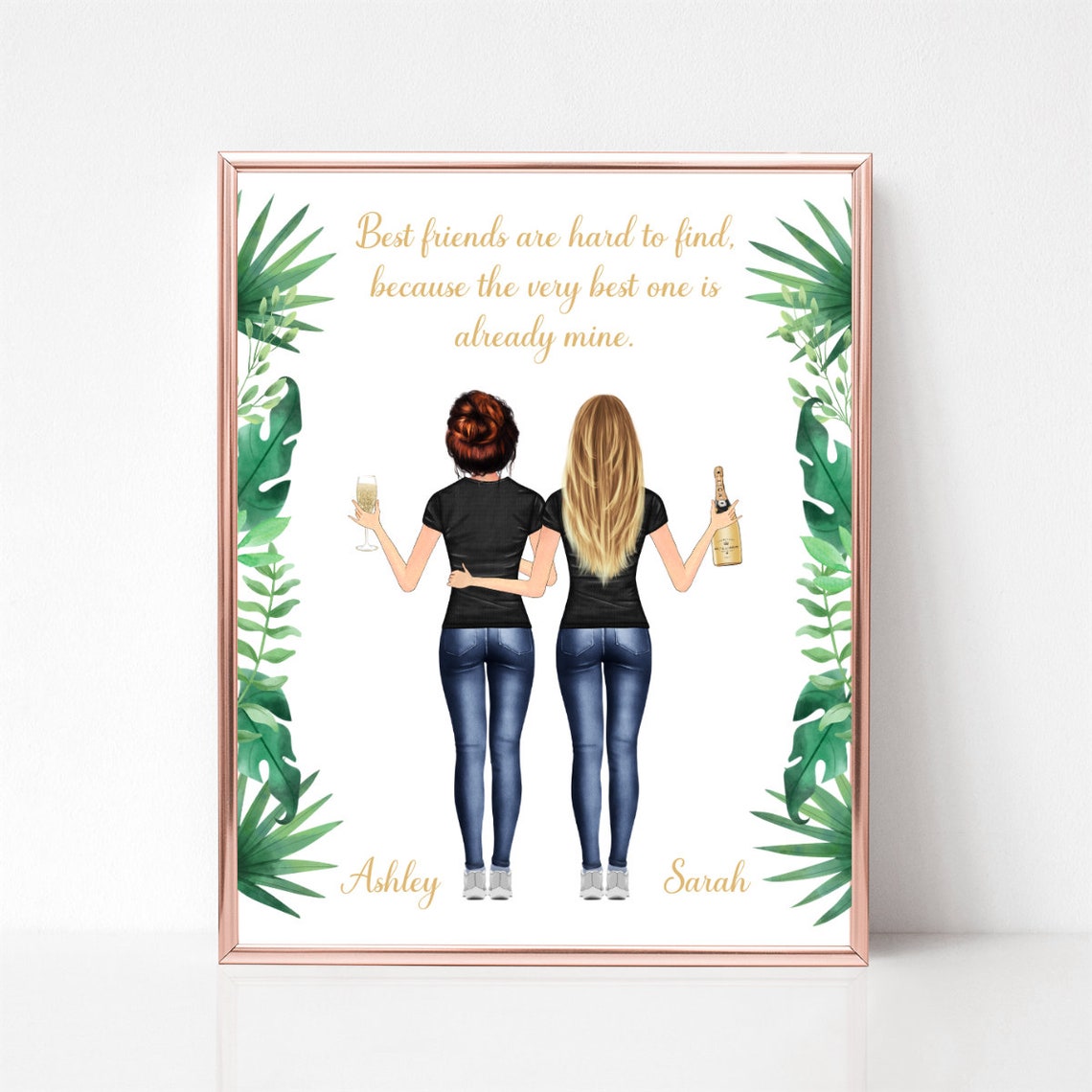 Two Best Friends With Champagne Tropical Leaf Border Quote Poster - Image 2