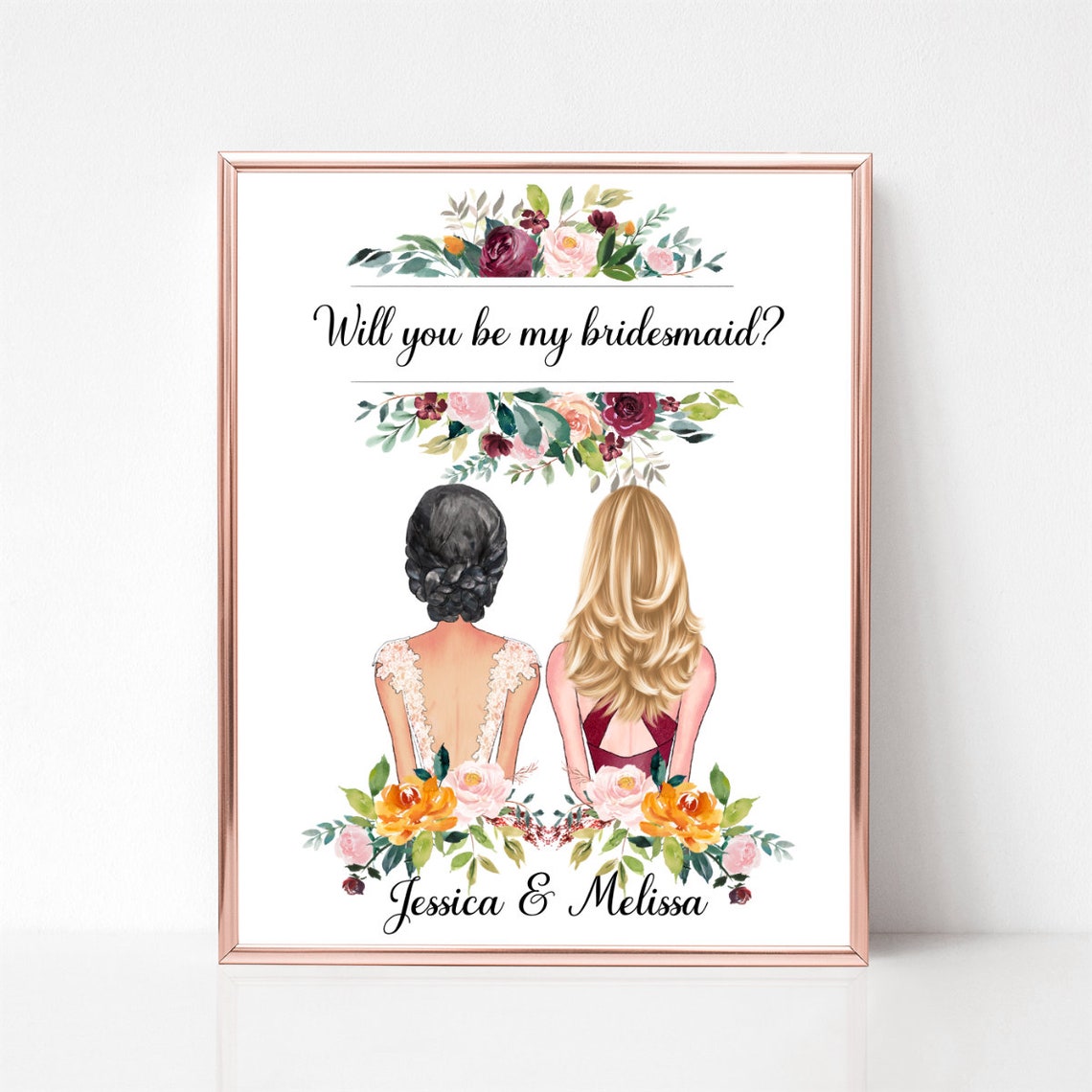 Will You Be My Bridesmaid Custom Portrait Floral Proposal Gift Poster