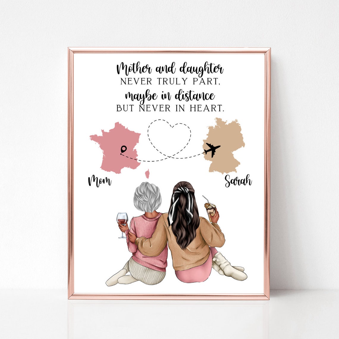 Personalized Long Distance Mother Daughter Map Print Never Truly Part
