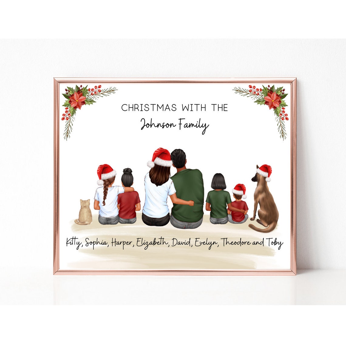 Large Family Christmas Portrait With Cat And Dog Santa Hats Poster