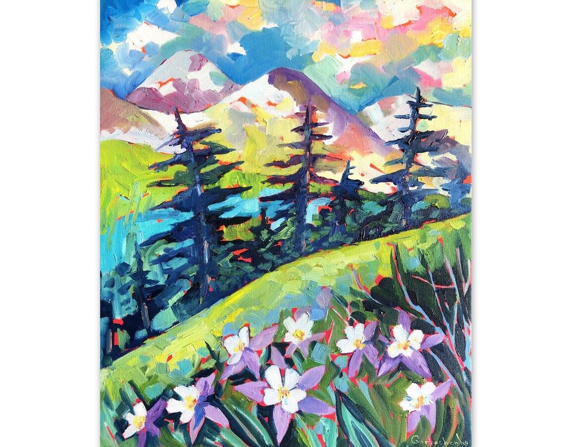 Colorful Mountain Meadow Oil Painting with Pines and Wildflowers Poster