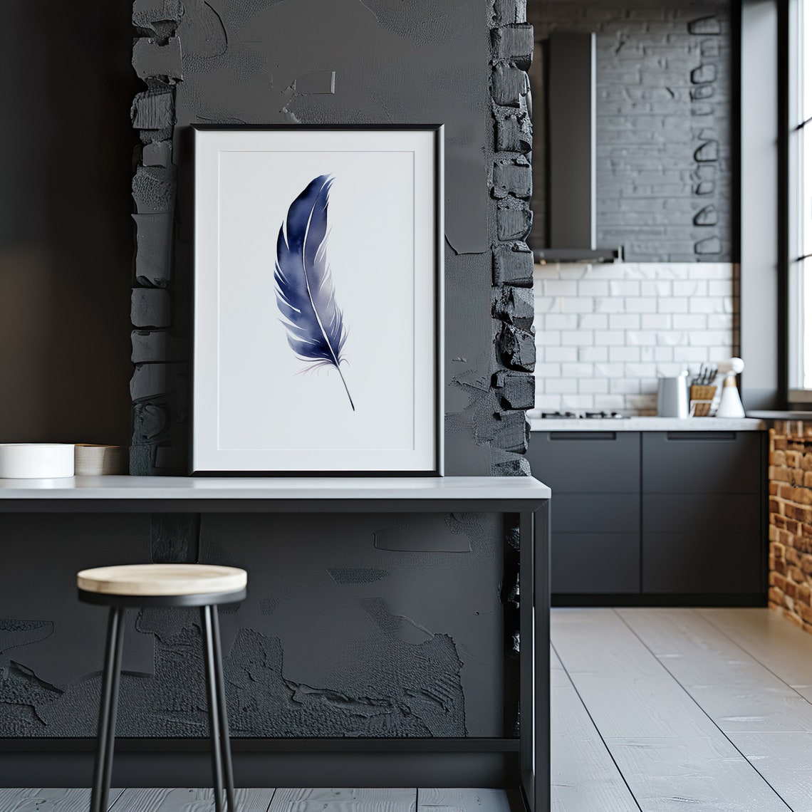 Navy Blue Feather Watercolor Bold Minimalist Elegant Art Poster - Image 4