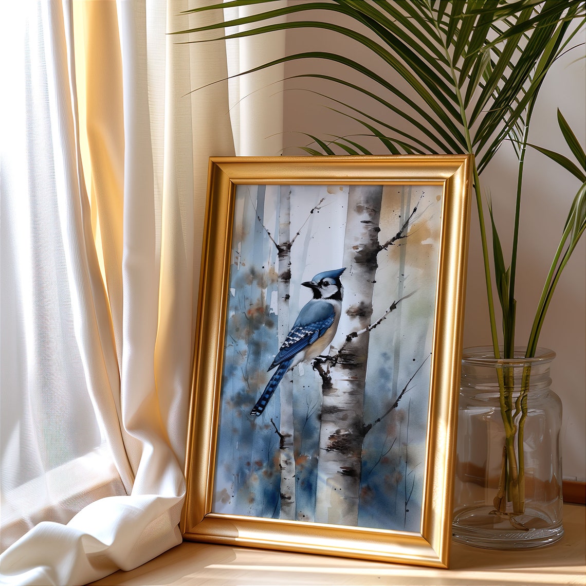 Blue Jay Watercolor Portrait Perched on Birch Branch Art Poster - Image 4