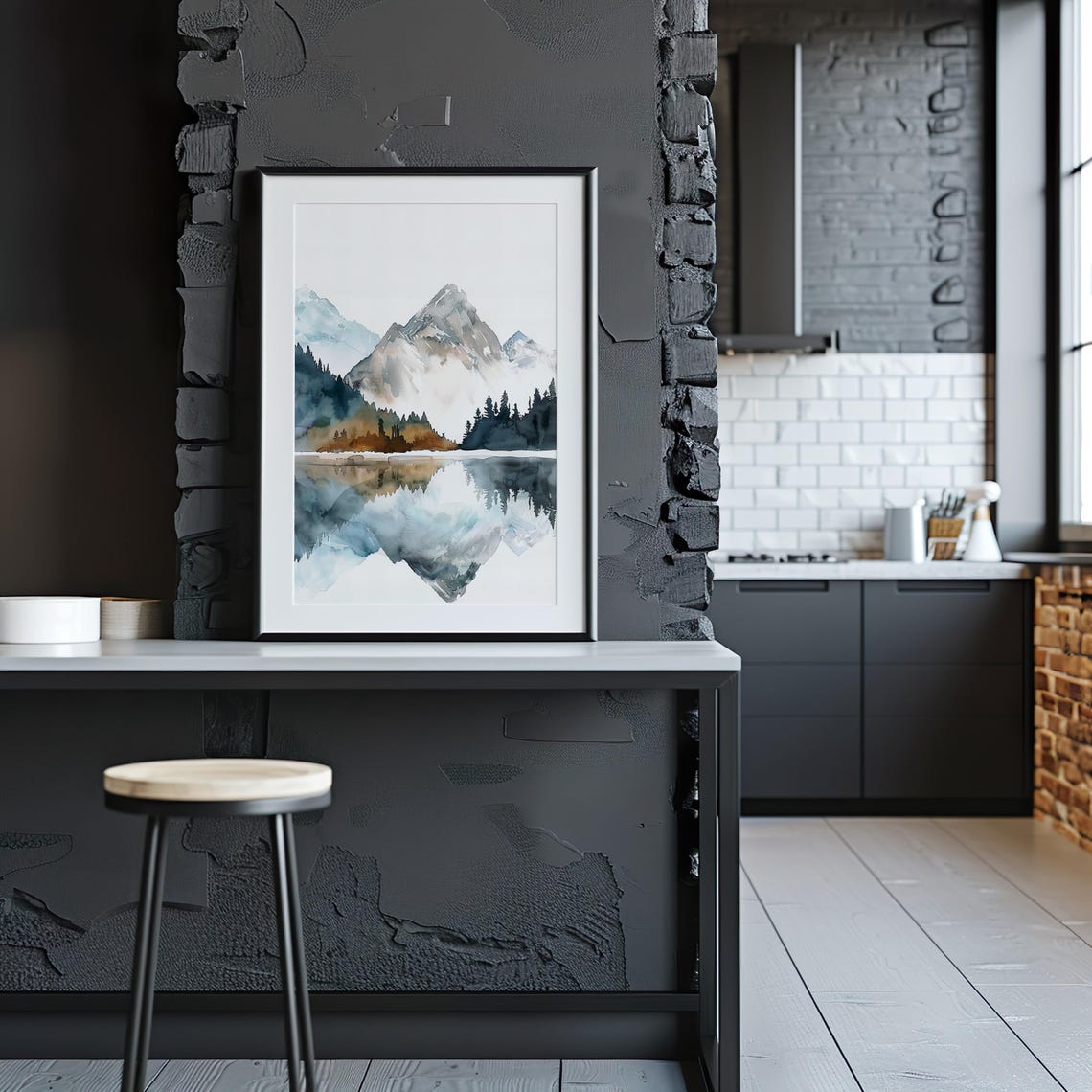 Misty Mountain Lake Mirror Reflection Watercolor Nature Poster - Image 3