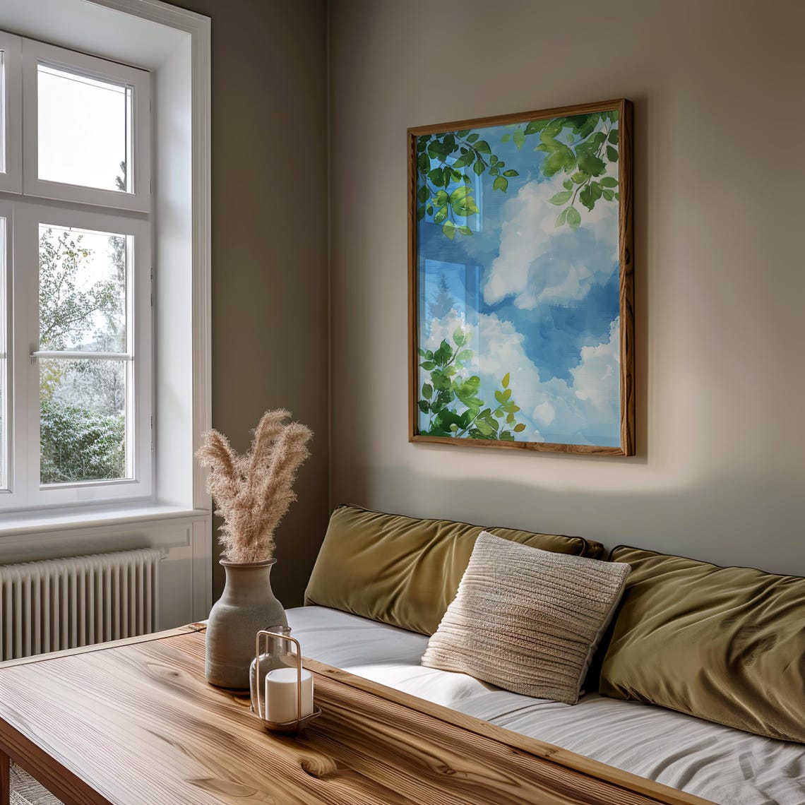Blue Sky Clouds Watercolor Green Tree Leaves Summer Art Poster - Image 3