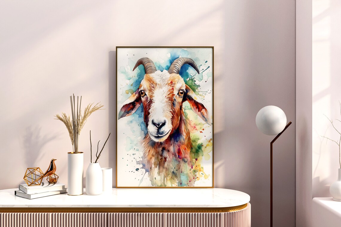 Friendly Goat Portrait Colorful Watercolor Farm Animal Poster - Image 3