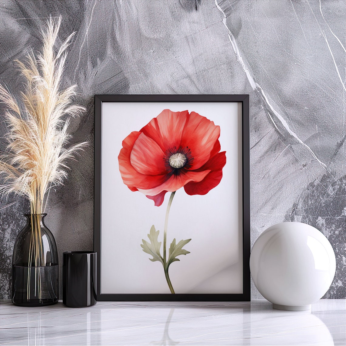 Red Poppy Bloom Close Up Detailed Watercolor Botanical Flower Poster - Image 3