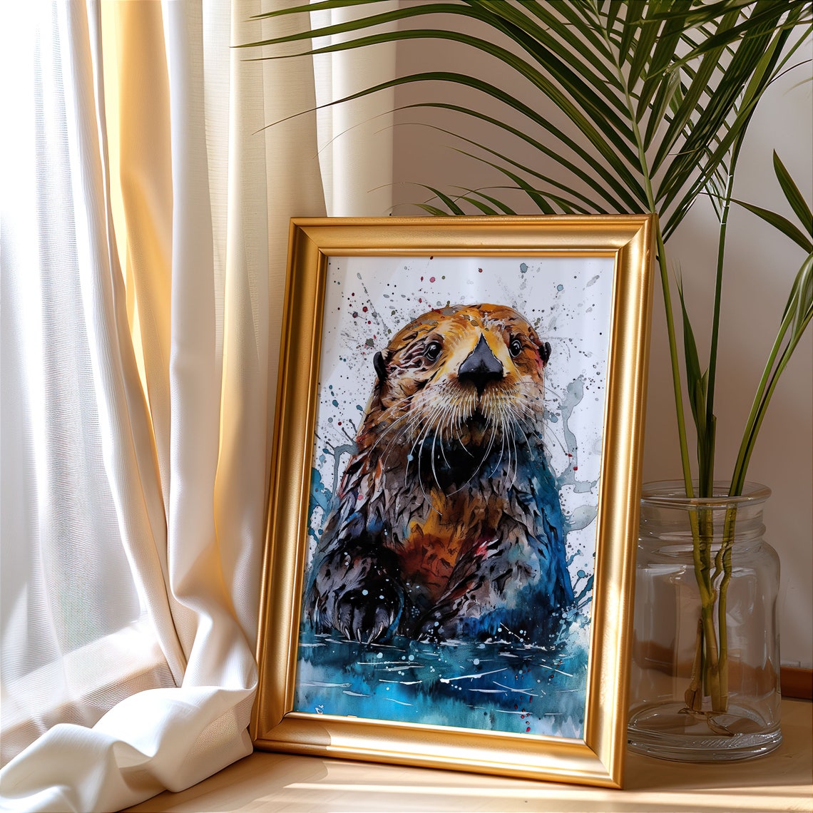 Sea Otter Watercolor Portrait Playful Blue Splash Art Poster - Image 3