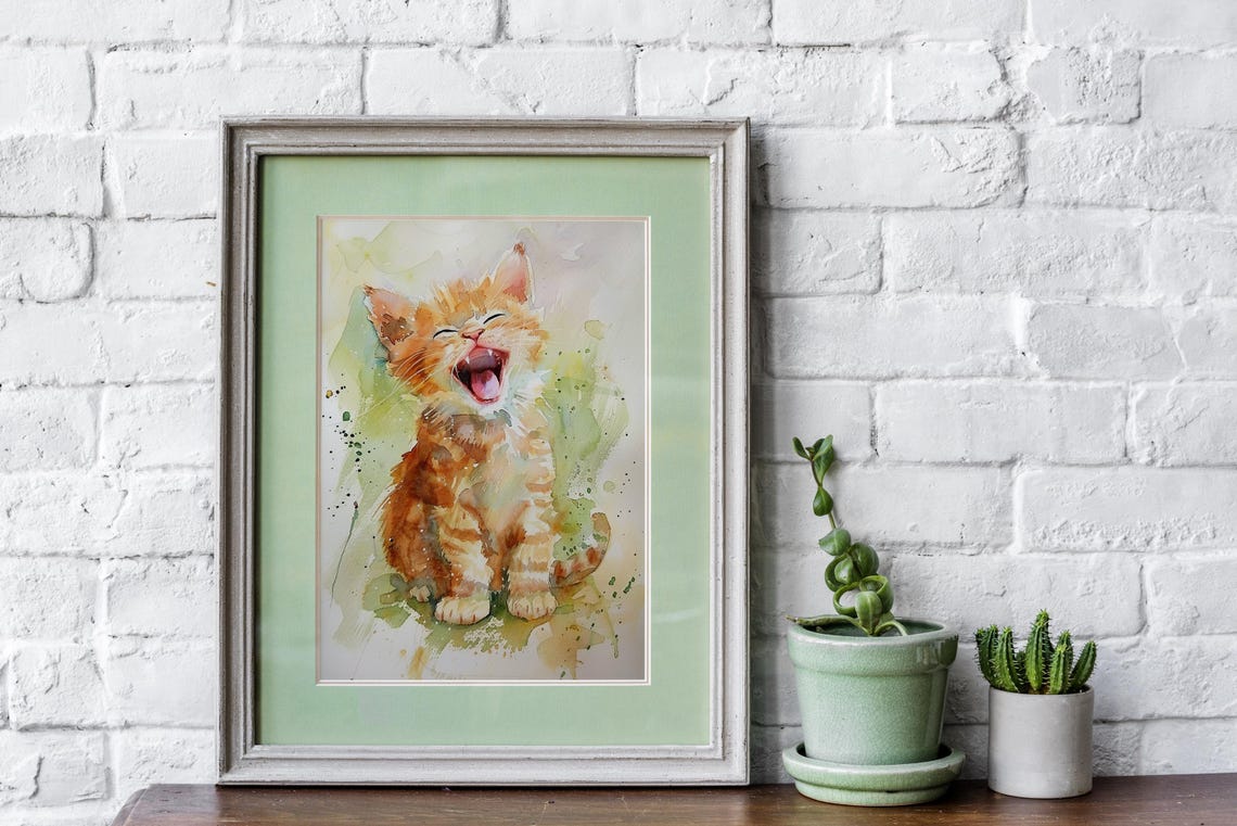 Orange Tabby Kitten Watercolor Laughing Playful Cat Art Poster - Image 2