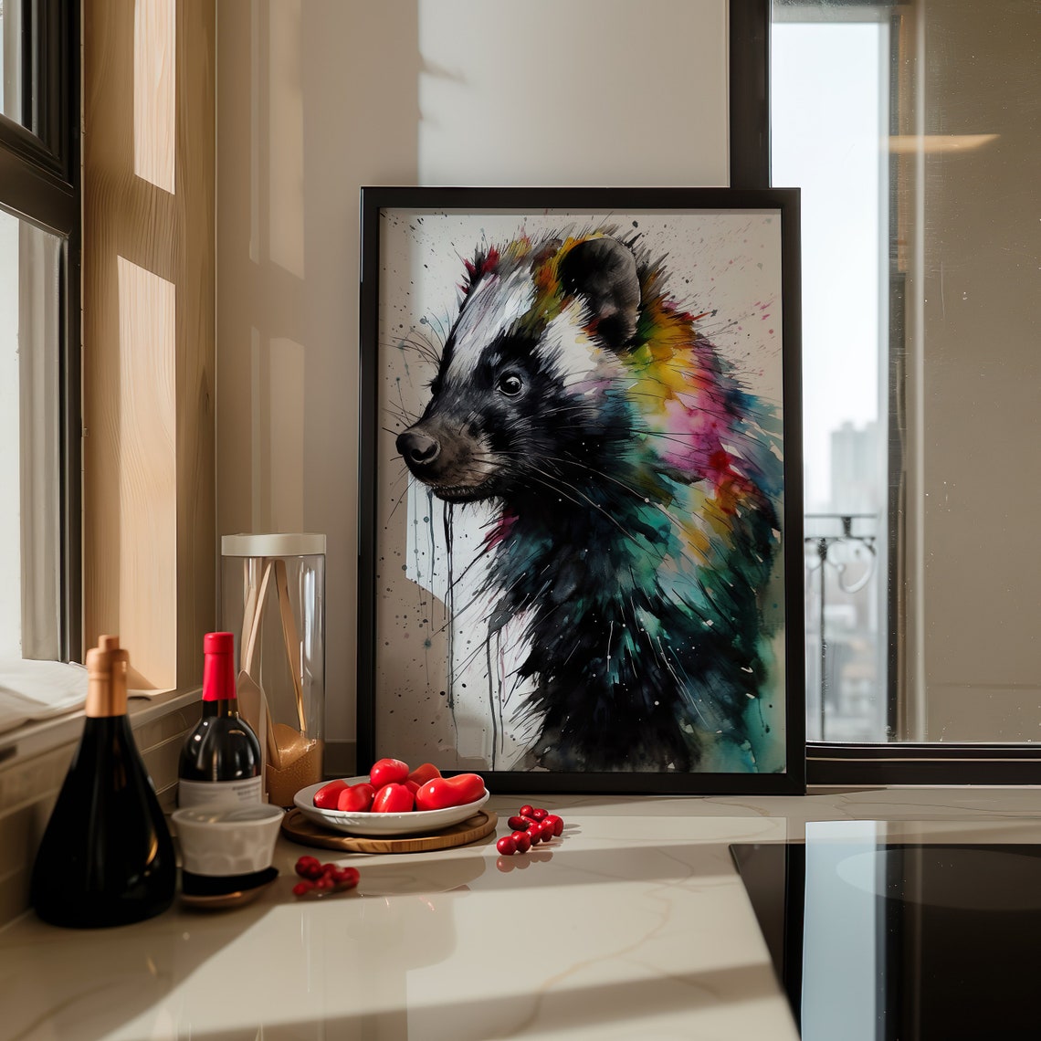 Skunk Portrait Watercolor Rainbow Splash Wildlife Art Poster - Image 4