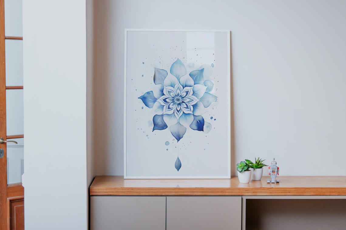 Blue Watercolor Mandala Flower Symmetric Zen Yoga Decor Poster - Image 4