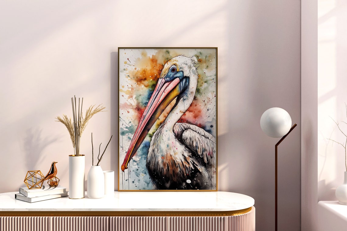 White Pelican Portrait Watercolor Coastal Bird Splash Art Poster - Image 3