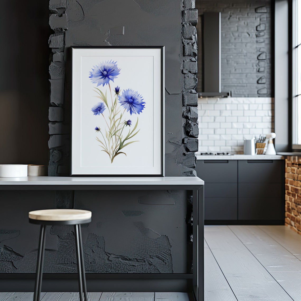 Blue Cornflower Stem Bouquet Watercolor Botanical Art Poster - Image 4