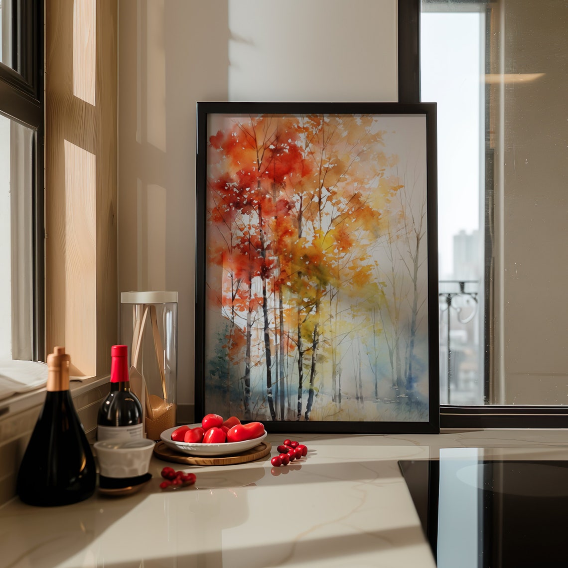 Red Orange Autumn Trees Forest Fall Watercolor Landscape Poster - Image 4