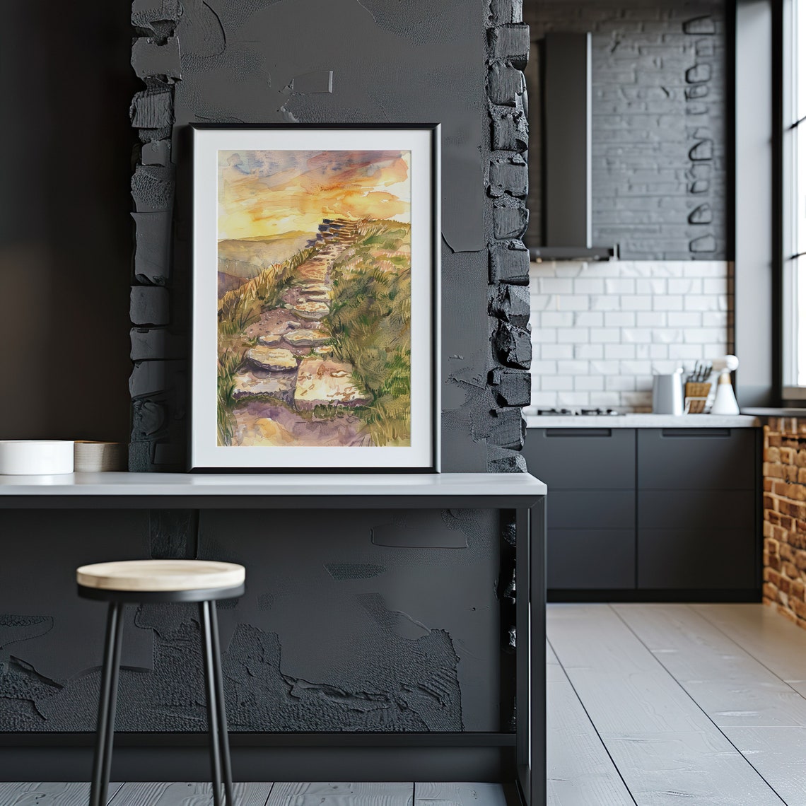 Coastal Cliff Stone Path Watercolor Sunset Golden Hour Art Poster - Image 3